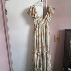 Bohme Green and Tan Maxi Dress with Flutter Sleeves and Plunge Neckline